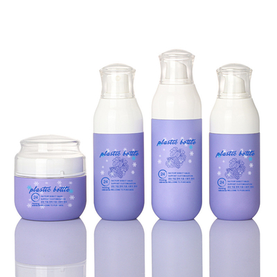 Conjuntos de envases cosméticos de plástico de botella y tarros de espray púrpura personalizado vacío para el cuidado del cabello