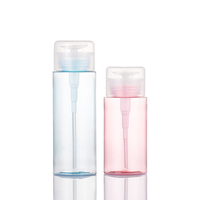 Desmaquillador rosa Envase cosmético Botella vacía Quitaesmalte de uñas azul Bomba de presión Dispensador redondo Tapa abatible
