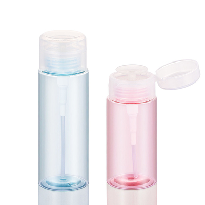 Desmaquillador rosa Envase cosmético Botella vacía Quitaesmalte de uñas azul Bomba de presión Dispensador redondo Tapa abatible