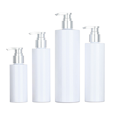 Botella de empaquetado de Skincare de la ducha del ANIMAL DOMÉSTICO del gel 200ml 500ml del suero del acondicionador de la bomba plástica superior de plata redonda blanca del champú