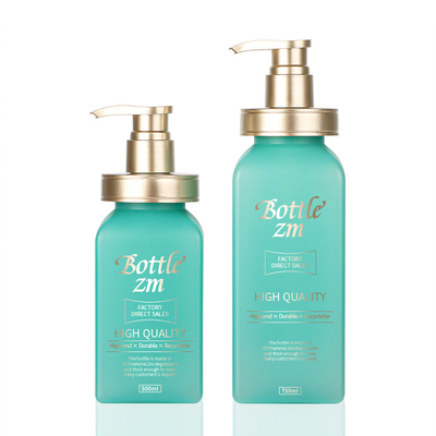 Botella de empaquetado del champú de 500ml 750ml Matte Light Green Square Body del lavado del salón privado de aire de lujo del jabón con la bomba del oro